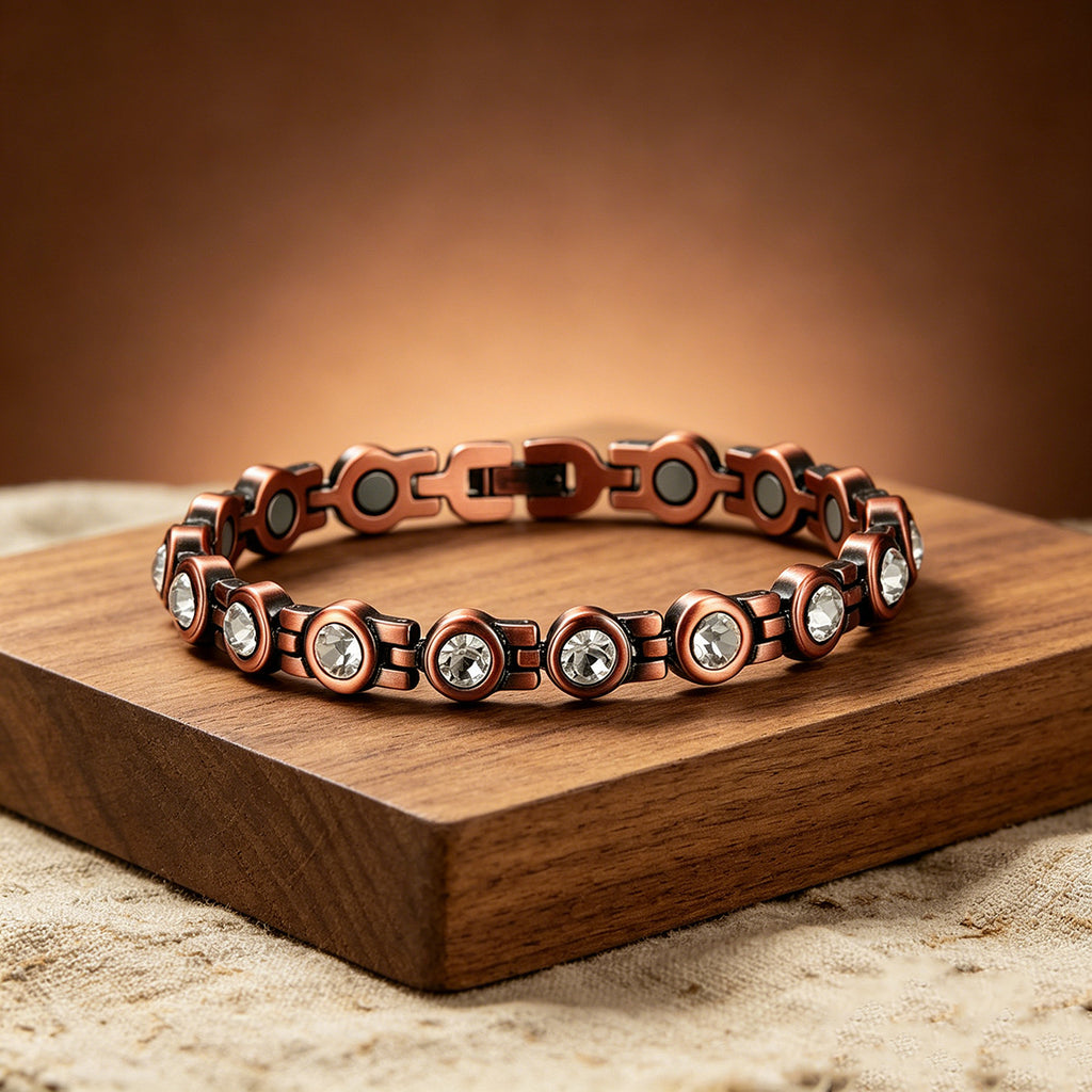 Retro Red Copper Magnetic Therapy Bracelet With Transparent Crystals Unisex