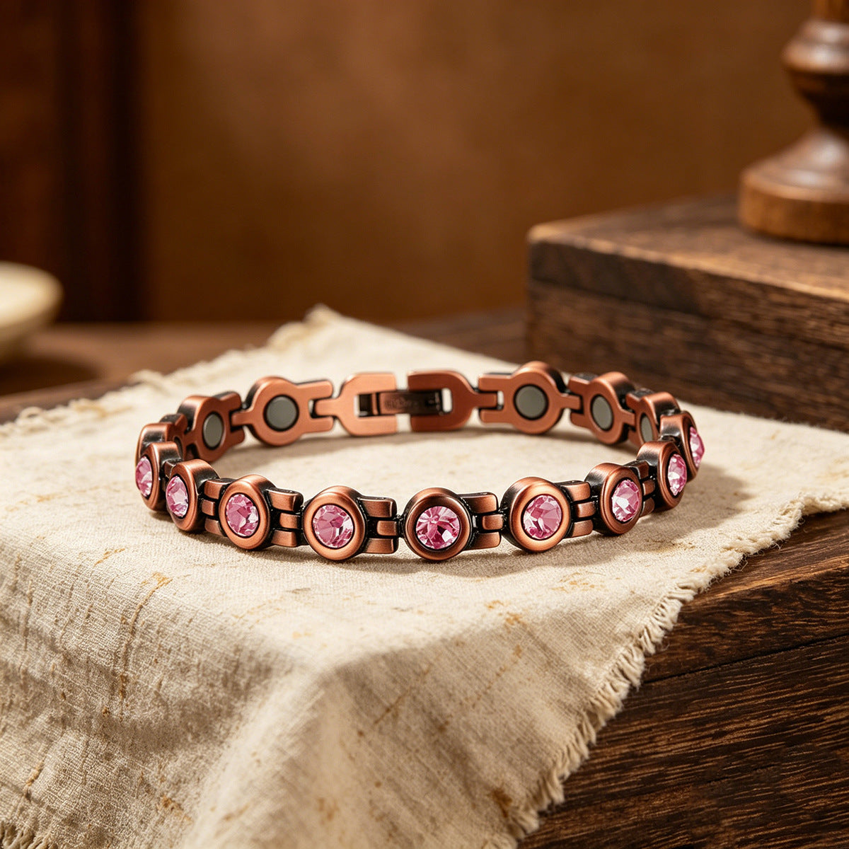 Retro Red Copper Magnetic Therapy Bracelet With Transparent Crystals Unisex
