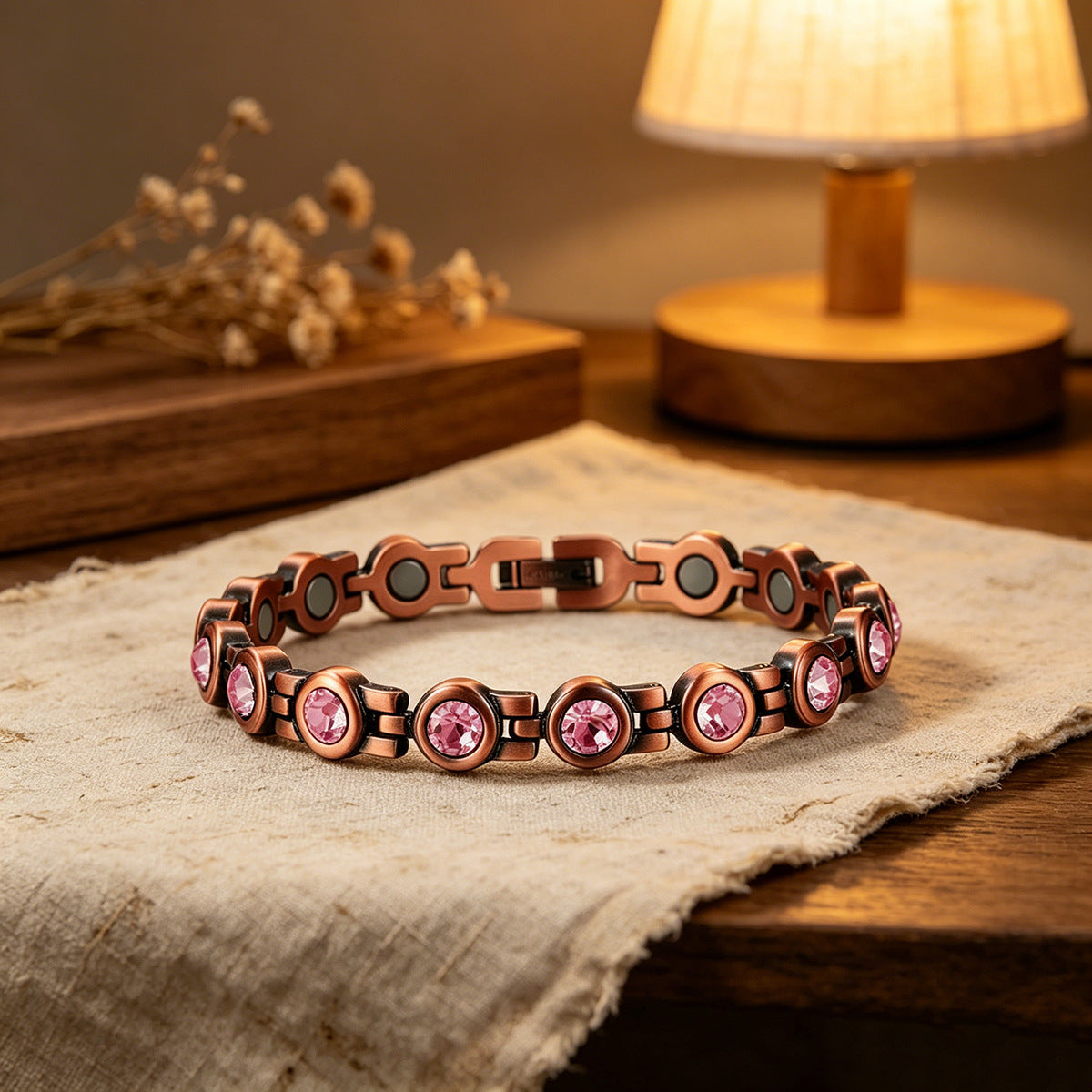 Retro Red Copper Magnetic Therapy Bracelet With Transparent Crystals Unisex